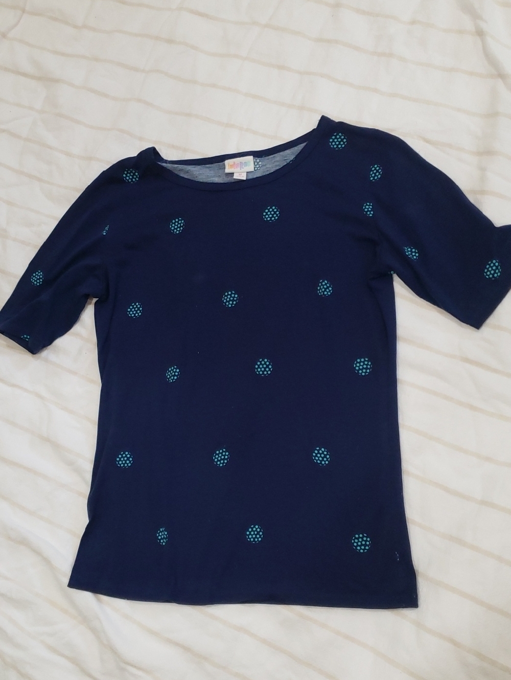 LuLaRoe Gigi Navy Top with Teal Polka Dot Accents